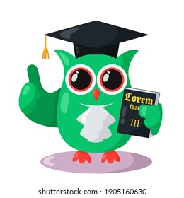 Funny owl justice with a book (copy space) in flat design. Isolated animal vector illustration
