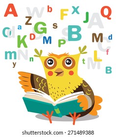 Funny Owl Learn To Read Book On A White Background. Cartoon Vector Illustrations. Kids Education Cartoon Vector Illustration. Cute School and Graduation Themed Owl.