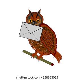 A funny owl with a letter in his beak. Vector-art illustration