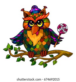 Funny owl with a lollipop