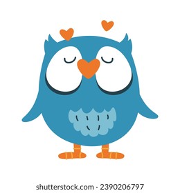 Funny owl in love, kiss, heart. Vector icon, bird sticker