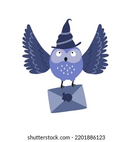 Funny owl in a magic hat carries a letter. Bird postman flies with mail. Vector hand drawn illustration.