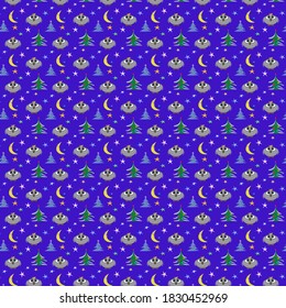 Funny owl with a month and Christmas trees - pattern.