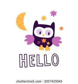 Funny owl with moon, stars and text - hello isolated on white background. Vector illustration in cartoon style. Holiday kids print for nursery, baby clothes, poster or postcard