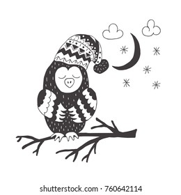 Funny owl . Nursery art. Minimalist scandinavian style. Character for kids card, print for t-shirt and more. Winter season.