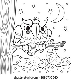 Funny owl on a branch coloring book for children