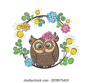 Funny owl on a branch with flowers. Print for children. Vector illustration.