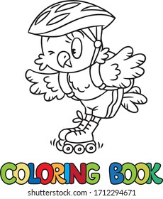 Funny owl on a roller skates. Coloring book