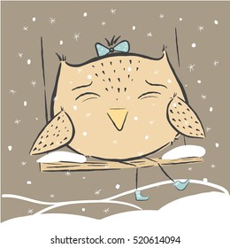 Funny owl on a swing. Cute owl winter snow.
