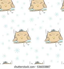 Funny owl on a swing. Vector seamless pattern with owl. Cute owl in winter.