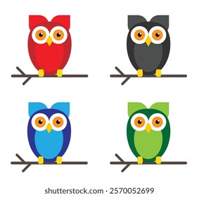 Funny Owl on Tree Branch Different Colors Set. Animals, birds and wildlife concept vector art