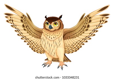 Funny owl with opened wings. Vector cartoon isolated animal.