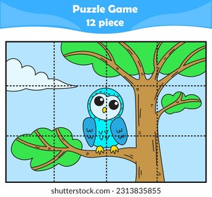 Funny owl. Puzzle games for kids. 12 piece. Child education. Vector illustration