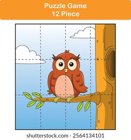 Funny owl. Puzzle games for kids. 12 piece. Child education. Vector illustration