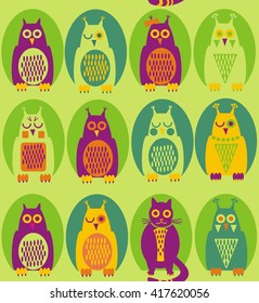  Funny owl. A seamless pattern in purple, yellow, green owl and a cat in green hollow on a light green background.