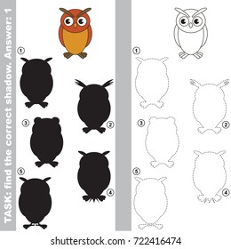 Funny Owl set to find the correct shadow, the matching educational kid game to compare and connect objects and their true shadows, simple gaming level for preschool kids.