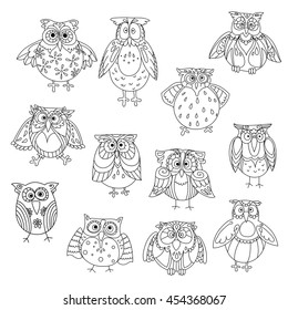 Funny owl silhouettes outline with different feathering pattern on head and wings. Wise birds with amazed or shocked, stunned or astound, cute or wondering look