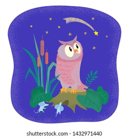 A funny owl sits on a stump and watches for a falling star in the night sky while two mice rush to their hole.Cartoon vector illustration in flat style with texture.