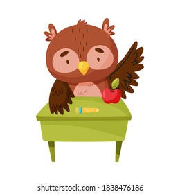 Funny Owl Sitting at Desk and Raising Wing Vector Illustration
