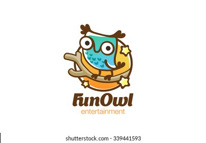 Funny Owl sitting on Branch Logo design vector template colorful linear style. 
Abstract Bird Fun Line art Logotype. Line-art concept icon.