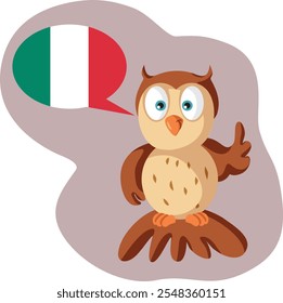 
Funny Owl Speaking Italian Language Vector Cartoon Character. Clever bird mascot representing learning foreign languages 
