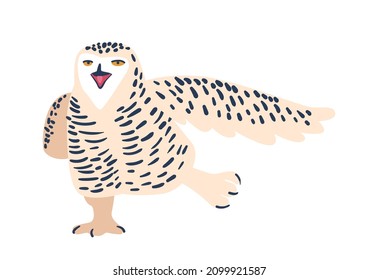 Funny Owl Stretching Wings And Legs Isolated On White Background. Wild Bird, Animal With Speckled Feathers, Flying Creature In Cute Scandinavian Style, Zoo Park Mascot. Cartoon Vector Illustration