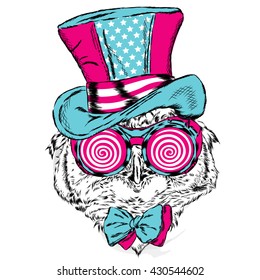 Funny owl in an unusual hat and sunglasses. Vector illustration for greeting card, poster, or print on clothes. 