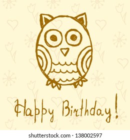 Funny owl, vector birthday illustration