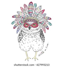 funny owl in war bonnet, hand drawn design, animal illustration, aztec print