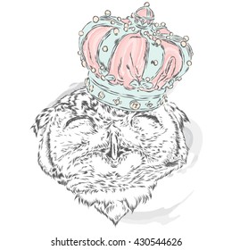 Funny owl wearing a crown. Vector illustration for greeting card, poster, or print on clothes. Hipster. Bird clothing. Fashion & Style.