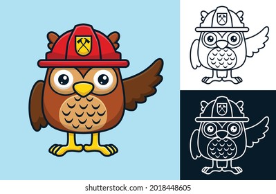 Funny owl wearing firefighter helmet. Vector cartoon illustration in flat icon style
