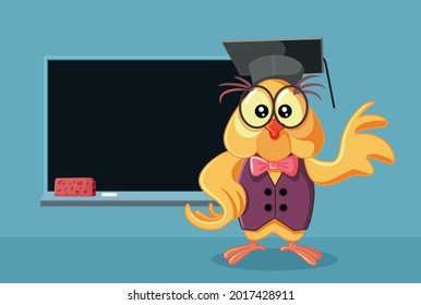 Funny Owl Wearing a Graduation Hat Vector Illustration. Wise bird mascot teaching life lessons when school begins
