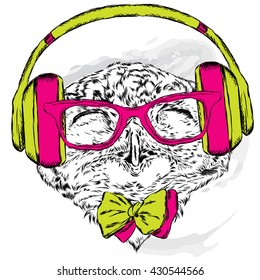 Funny owl wearing headphones and sunglasses. Vector illustration for greeting card, poster, or print on clothes. Hipster. Bird clothing. Fashion & Style. Music.