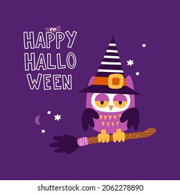 Funny owl in a witch hat with broom, moon, stars and text Happy Halloween on dark background. Vector illustration in cartoon style. Holiday kids print for nursery, baby clothes, poster or postcards
