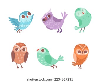 Funny Owlet with Big Eyes as Comic Nocturnal Bird Vector Set