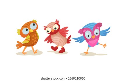 Funny Owlet with Big Eyes Walking Vector Set