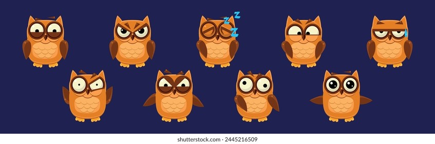 Funny Owlet Bird with Feathers Have Face Emotion Vector Set