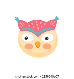 Funny owlet head, wild owl wise bird animal isolated flat cartoon face mask. Vector colorful feathered barn, long eared eagle owl with wings, big eyes. Wild forest bird of prey, wildlife mascot