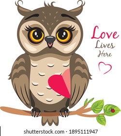 Funny owlet sits on a branch and holds a heart. Vector