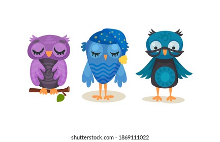 Funny Owlet Sitting on Tree Branch and Sleeping Vector Set