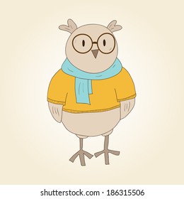 Funny owl-hipster. Cartoon vector illustration.