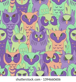 Funny owls birds group color seamless pattern. Color vector illustration.Cute owls seamless pattern.