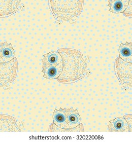 Funny owls. Blue polka dots.