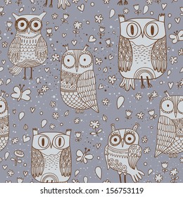 Funny owls with butterflies in vector. Stylish vintage background in blue colors. Seamless pattern can be used for wallpapers, pattern fills, web page backgrounds, surface textures.