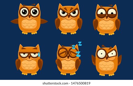 Engraçado Corujas Conjunto de Caracteres, Pássaros Castanhos Bonitos com várias Emoções Ilustração Vetor