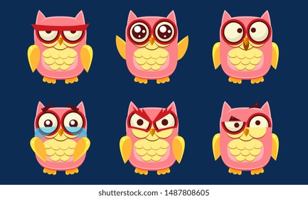 Funny Owls Characters Set, Cute Pink Birds with Various Emotions Vector Illustration