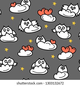 Funny owls, clouds, stars. Seamless hand-drawn pattern, vector illustration 