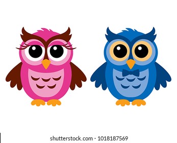 Lechuzas divertidas, niña y niño, ilustración vectorial, aislada en blanco.