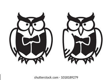 Funny owls, hand drawn vector illustration in comic style, isolated on white.