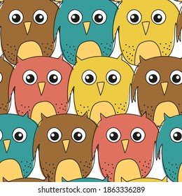 Funny owls hand-drawn seamless pattern. Great for children book, wallpaper, fabric, card, packaging design.